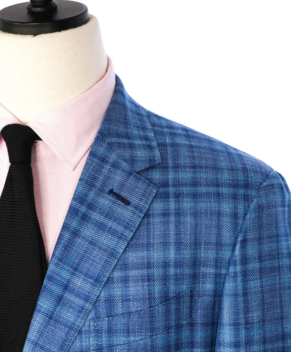 $2,990 ZEGNA - Blue Plaid Wool/Silk/Linen Blazer - 46R